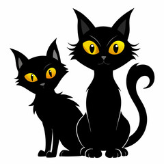 Spooky Black Cats with Big Eyes black vector silhouette on white background