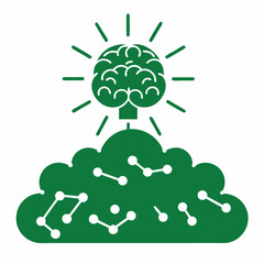 Green brain illuminated above cloud computing concept transparent vector illustration