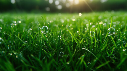 Fototapeta premium Bubbles, summer day, soap bubbles on green grass background.