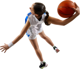 Focused female basketball player in white-blue uniform dribbles ball while sprinting forward from dynamic low-angle back view. Concept of youth empowerment