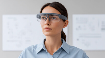 Woman wearing Augmented Reality Glasses in office Environment looks to Future