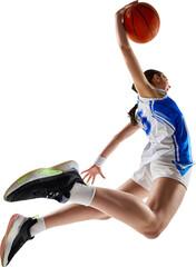 Determined female basketball player dribbles ball while moving forward with intense focus, captured...