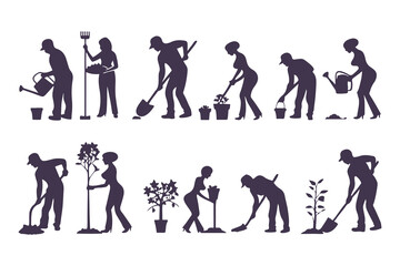 Silhouettes of workers performing outdoor tasks with tools. vector set of people digging, sweeping, raking, spraying, and cleaning.