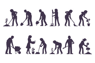 Silhouettes of workers performing outdoor tasks with tools. vector set of people digging, sweeping, raking, spraying, and cleaning.