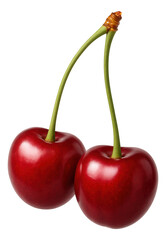 Two ripe cherries with glossy red skin connected by green stems.