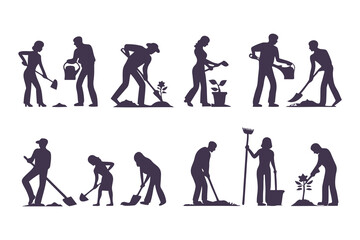 Silhouettes of workers performing outdoor tasks with tools. vector set of people digging, sweeping, raking, spraying, and cleaning.