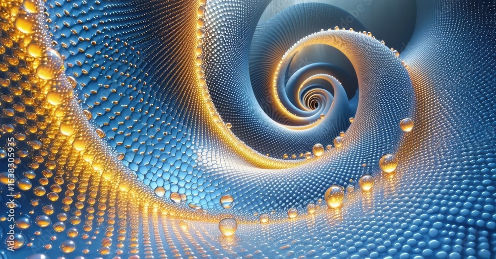 Aufkleber Abstract spiral design. Blue, gold textures create dynamic visual effect. Bubbles add depth, complexity. Futuristic, mesmerizing pattern.