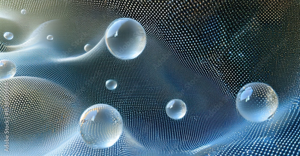 Poster abstract digital artwork. blue tones dominate, featuring spherical shapes amidst textured waves. lig