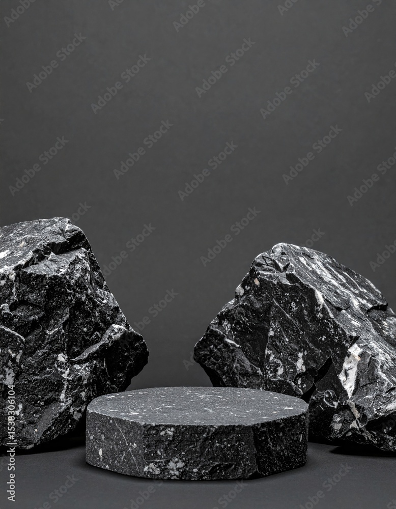 Aufkleber minimalist 3d render of black rock podium with rocks and table for product presentation mockup stage