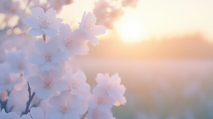 Dreamy cherry blossoms in full bloom bathed in the soft glow of a sunset on a tranquil spring