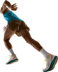 Naklejka na ściany i meble Male runner with muscular build sprints upward in powerful motion, showing strength and speed in isolated studio lighting, wearing bright shoes and sportswear. Concept of movement and energy
