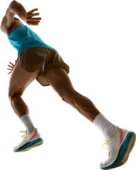 Fototapete Rund Male runner with muscular build sprints upward in powerful motion, showing strength and speed in isolated studio lighting, wearing bright shoes and sportswear. Concept of movement and energy © Lustre Art Group 