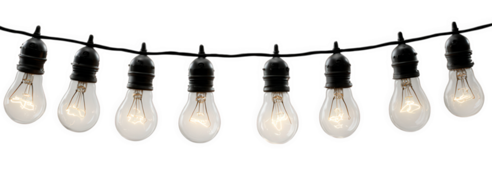 Row of hanging light bulbs isolated on transparency background, vintage style, clear glass, glowing filament, cozy and warm atmosphere, suitable for decoration or interior design