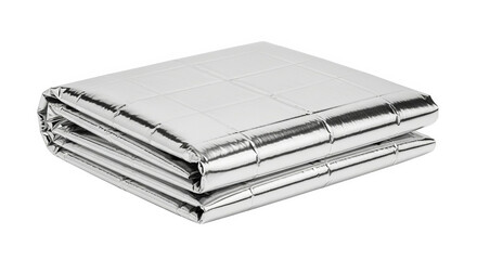 A neatly folded, rectangular metallic silver emergency blanket reflects light with crinkled texture.