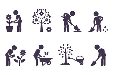 Set of gardening icons with people planting, watering, digging, and using tools. vector illustration for garden, farming, and landscaping.