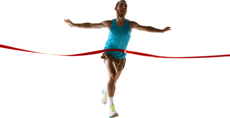 Athletic male crosses red ribbon at finish line with open arms, smiling in celebration of achievement, showing energy, speed, and determination on transparent background. Concept of human achievement