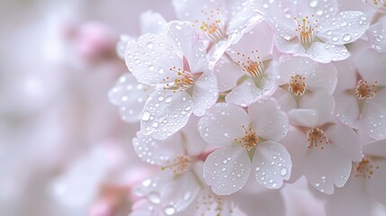 Capturing the delicate beauty of cherry blossoms glistening with fresh raindrops in soft ethereal