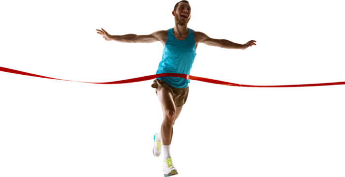 Athletic male crosses red ribbon at finish line with open arms, smiling in celebration of achievement, showing energy, speed, and determination on transparent background. Concept of human achievement