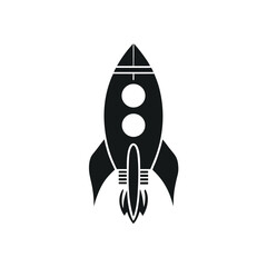 Black icon of vintage spacecraft rocket featuring two portholes stands prominently against white