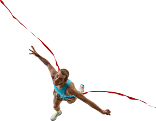 Aerial top-down view of male athlete joyfully leaping through red finish ribbon with extended arms and expressive face, captured in energetic motion pose. Concept of celebration and winning