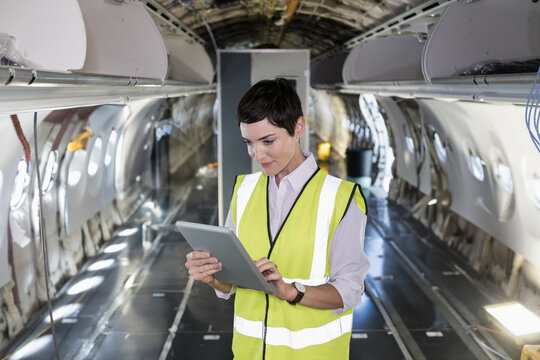 Female technician wearing hi-vis vest reviewing tablet in empty fuselage with exposed wiring