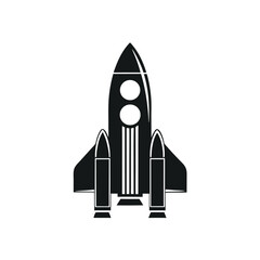 Bold black rocketship icon shows futuristic space vehicle with simple silhouette