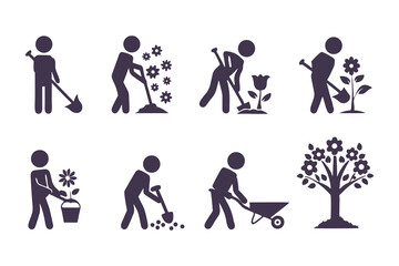 Set of gardening icons with people planting, watering, digging, and using tools. vector illustration for garden, farming, and landscaping.