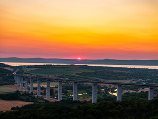 Fototapeta premium Kőröshegyi Völgyhíd (viaduct) Aerial Landscape photo during sunset, Balaton Hungary