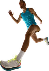 Powerful athletic man in blue tank top and sports shoes runs forward in dramatic low-angle view...