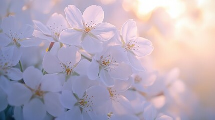 Blossoming hope Delicate white cherry blossoms embrace the golden hour sunlight in early spring