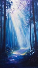 Misty morning in the forest with rays of light.