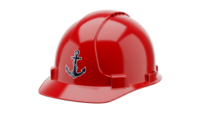 A red hard hat with an anchor emblem symbolizes safety and maritime trades in a work setting.