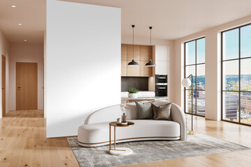 Modern Apartment Living Area with Curved White Sofa  – Transparent Wall Mockup with Realistic Shadows – 3D render