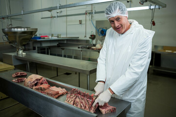 Middle-aged man wearing hairnet slicing ribs with knife at steel table in meat plant, copy space