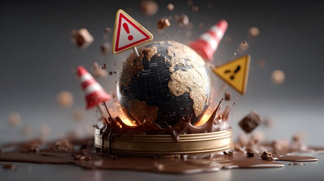 depicting the Earth in crisis surrounded by warning signs and symbols of danger highlighting the urgent need to address global challenges and threats to our environment and society