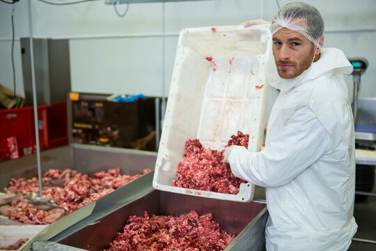 Male meat processing worker pouring meat from bin into vat in plant wearing coverall, copy space