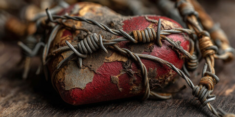 Extreme close-up of a red heart wrapped in barbed wire on a wooden table, concept of love and sentimental pain, against a dark background with copy space. Generative Ai.