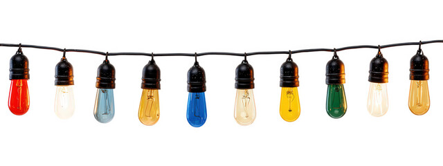 Row of colorful party light bulbs hanging on black wire, isolated on transparent background, festive decoration for celebration, cheerful and vibrant atmosphere, various colors