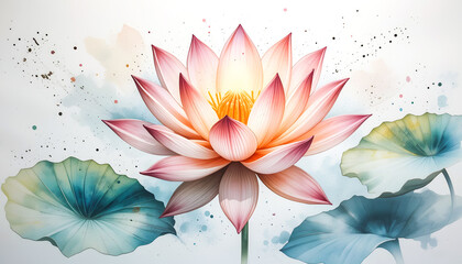 A radiant watercolor painting of a water lily in full bloom, featuring delicate pink and orange petals with a vibrant golden center, flanked by serene blue-green lily pads on a white background.