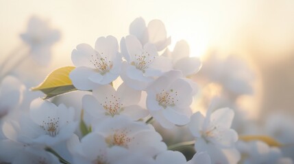 Whispers of spring delicate white blossoms embrace a sunrise a gentle awakening in soft focus and