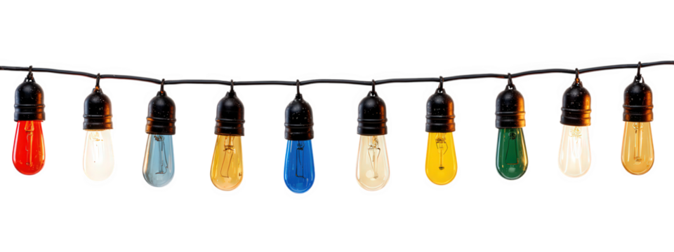 Row of colorful party light bulbs hanging on black wire, isolated on transparent background, festive decoration for celebration, cheerful and vibrant atmosphere, various colors