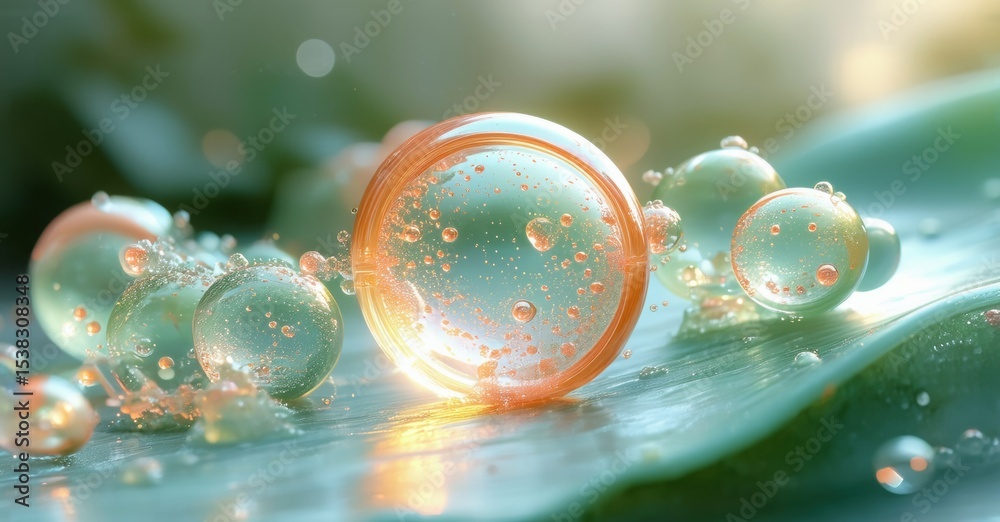 Poster bubbles rest upon vibrant green leaf. light refracts, creating soft glow. delicate textures, beautif