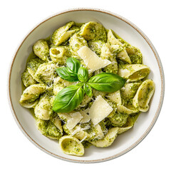 Overhead View of a Bowl of Pasta with Pesto Parmesan and Basil isolated on transparent background