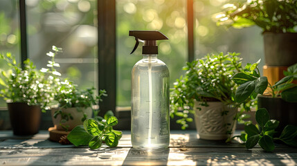 Eco-Friendly Cleaning Spray Bottle Surrounded by Lush Greenery