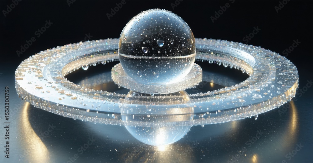 Poster clear sphere rests upon transparent ring. water droplets cover surfaces, creating reflections. dark 