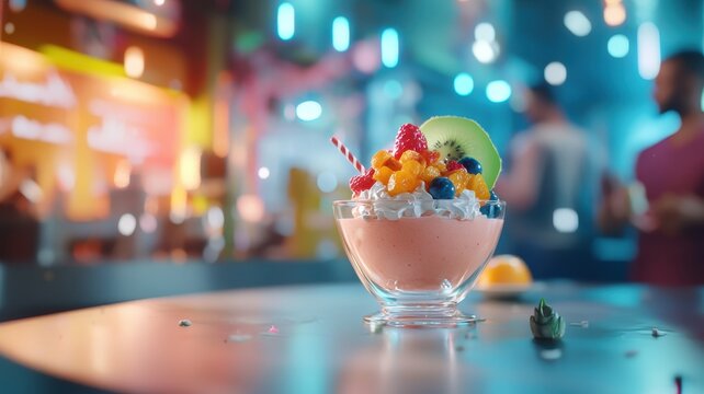 A futuristic glowing smoothie bowl levitating above a sleek table, holographic fruit toppings, cyberpunk style, and neon tones.
