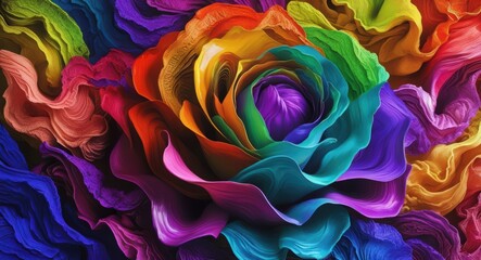 A vibrant rose with petals displaying a spectrum of colors in a close up view