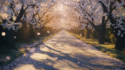 Enchanting walk under blossoming cherry trees in peak spring bloom casting shadows on the path in