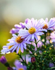 Obraz premium Vibrant purple aster flowers with dew drops, captured in morning light, showcasing nature's beauty and freshness.