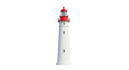 A tall white lighthouse with a red top stands guard, offering guidance and safety to ships at sea.